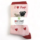 Pug socks with cute dog image and I love Pugs wording, with FREE GIFT BAG