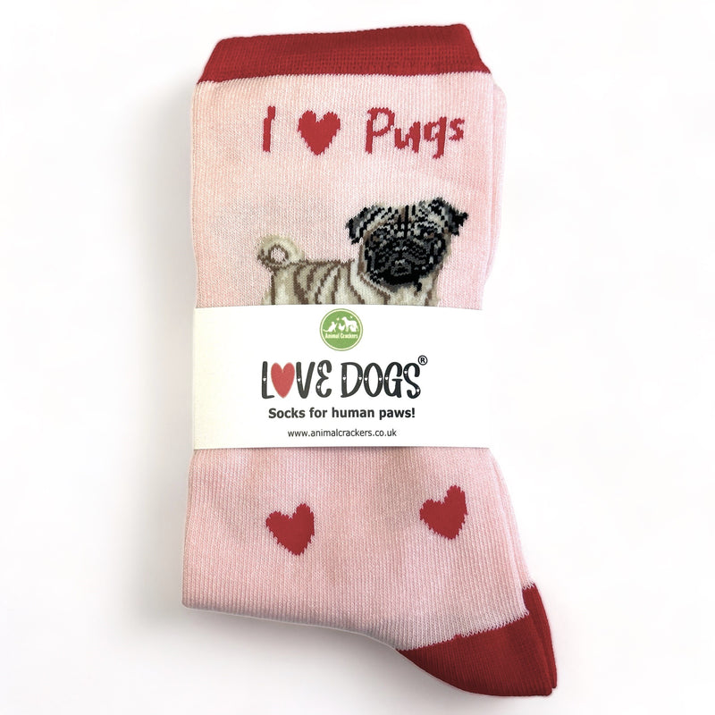 Ladies Pug LOVE DOGS socks with cute dog image and hearts design, one size, quality cotton mix, novelty dog lover gift