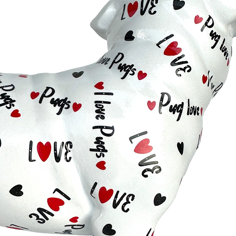 LOVE DOGS Pug figurine, Love Pugs text & hearts design, 23cm