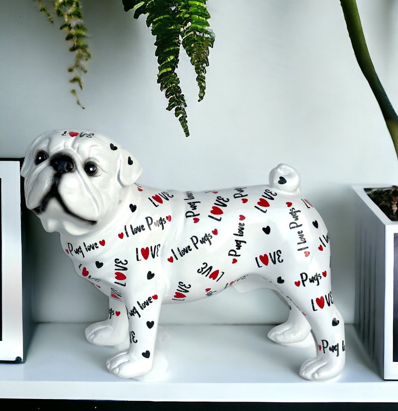 LOVE DOGS Pug figurine, Love Pugs text & hearts design, 23cm