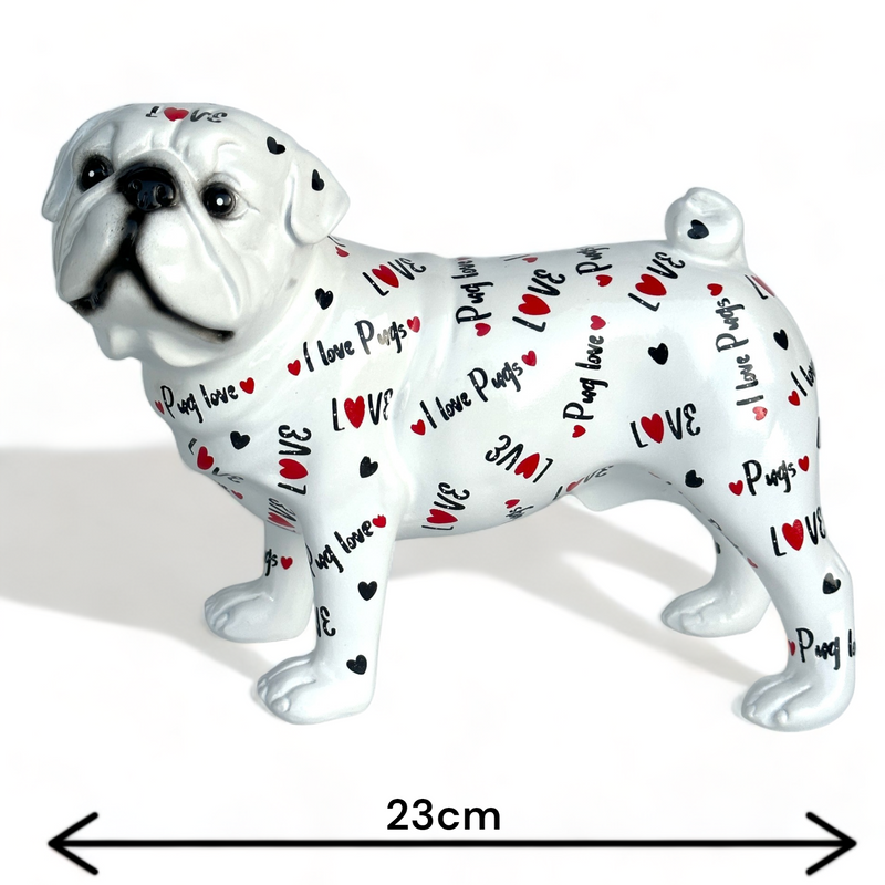 LOVE DOGS Pug figurine, Love Pugs text & hearts design, 23cm