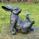 Playful Rabbit with a Bird on his Foot bronze effect figurine quirky garden or patio decoration