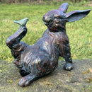 Playful Rabbit with a Bird on his Foot bronze effect figurine quirky garden or patio decoration