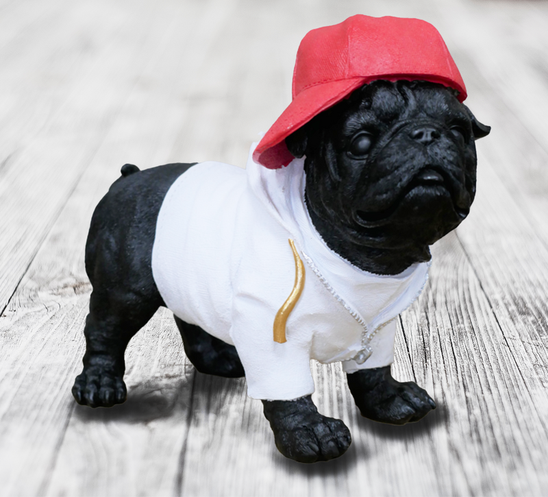 Black Pug in Cap & Hoodie figurine, novelty Pug lover decoration