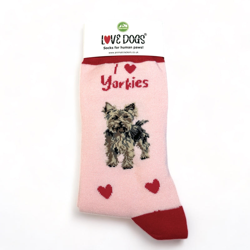 Ladies Yorkshire Terrier LOVE DOGS socks with cute dog image and hearts design, one size, quality cotton mix, novelty dog lover gift