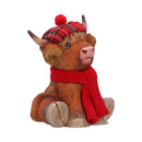 Sitting Highland Cow with Fabric Hat And Scarf, Height 11.5cm, Gift Boxed
