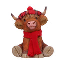 Sitting Highland Cow with Fabric Hat And Scarf, Height 11.5cm, Gift Boxed