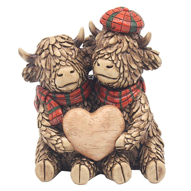 Hughie Highland Cows holding Heart Tartan Scarf and hat