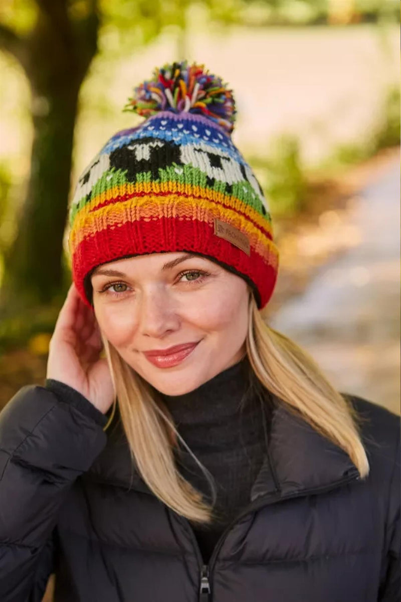 Pachamama Black Sheep Roll Back Bobble Beanie Rainbow