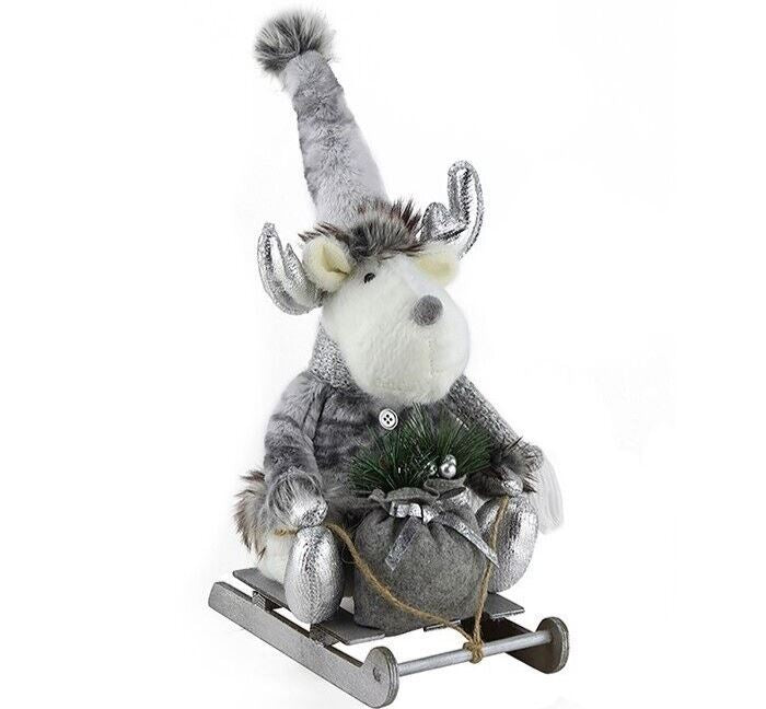 Plush grey white & silver Reindeer on Sleigh festive Christmas home decoration