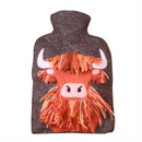 Pachamama Highland Cow Design Hot Water Bottle, felted wool cover with bottle
