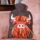 Pachamama Highland Cow Design Hot Water Bottle, felted wool cover with bottle