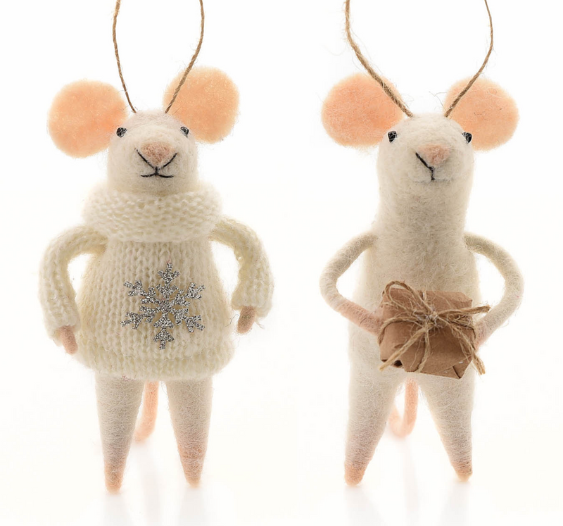 TWO Felt mice hanging Christmas tree decorations, one wearing a Snowflake Jumper, one holding a gift