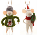 TWO Felt Mouse hanging Christmas tree decorations, one wearing a Green Snowman jumper, one carrying a Tree, great novelty mouse lover gift