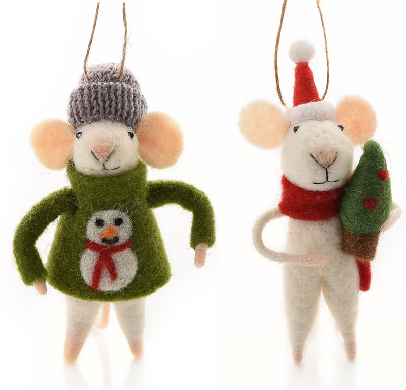 TWO Felt Mouse hanging Christmas tree decorations, one wearing a Green Snowman jumper, one carrying a Tree, great novelty mouse lover gift