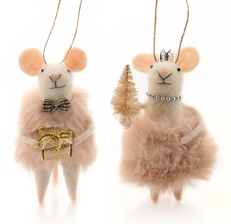 TWO Felt mouse tree decorations, both dressed in Pink Faux Fur, one holding a gift, one carrying a tree, great novelty mouse lover gift