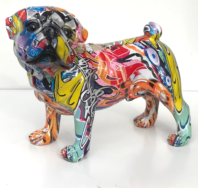 Graffiti Art Pug figurine, bright coloured gloss finish, boxed