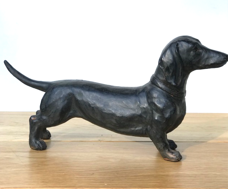 Dachshund figurine 26cm long dark wood effect sausage dog indoor or outdoor ornament