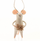 TWO Felt mice hanging Christmas tree decorations, one wearing a Snowflake Jumper, one holding a gift