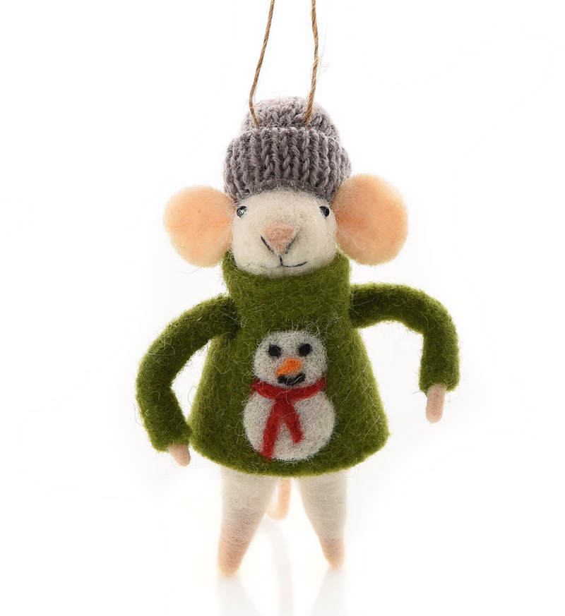 Felt mouse wearing Green Christmas Snowman Jumper festive tree hanging decoration great novelty mouse lover gift