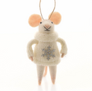 TWO Felt mice hanging Christmas tree decorations, one wearing a Snowflake Jumper, one holding a gift