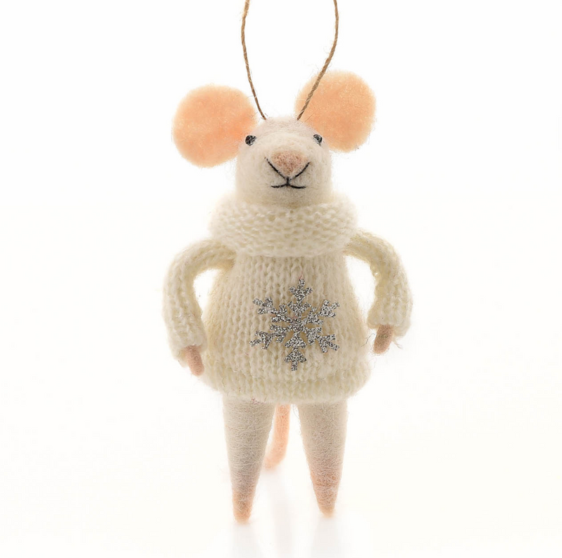 TWO Felt mice hanging Christmas tree decorations, one wearing a Snowflake Jumper, one holding a gift
