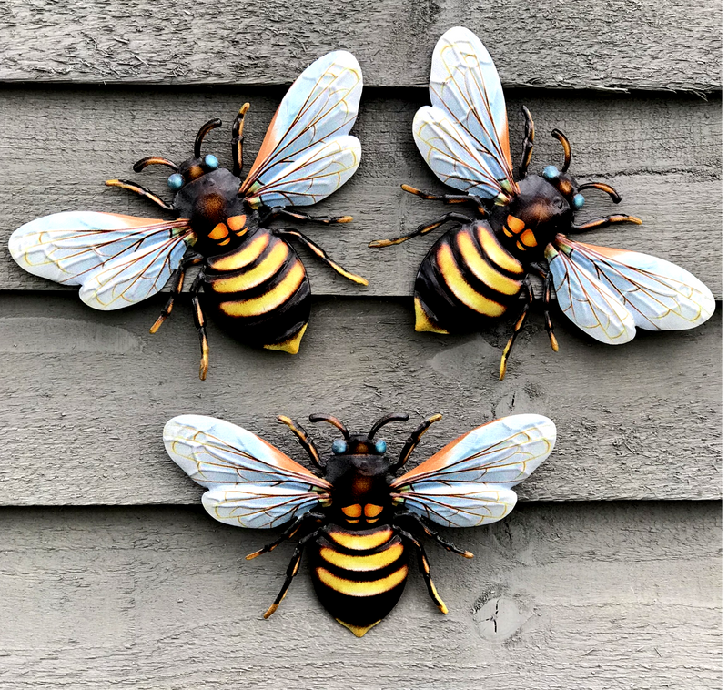 3 x SKY BLUE 18cm Metal Bees, bright colour garden decoration novelty Bee lover gift