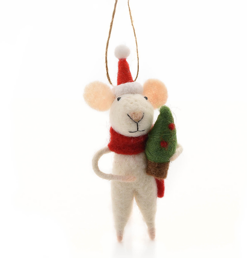 Felt mouse wearing Red Christmas Hat and Scarf and holding a Christmas tree hanging decoration great novelty mouse lover gift