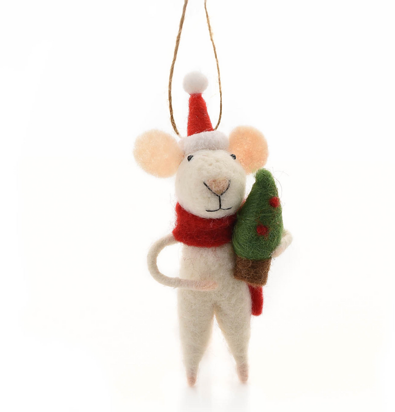 TWO Felt Mouse hanging Christmas tree decorations, one wearing a Green Snowman jumper, one carrying a Tree, great novelty mouse lover gift