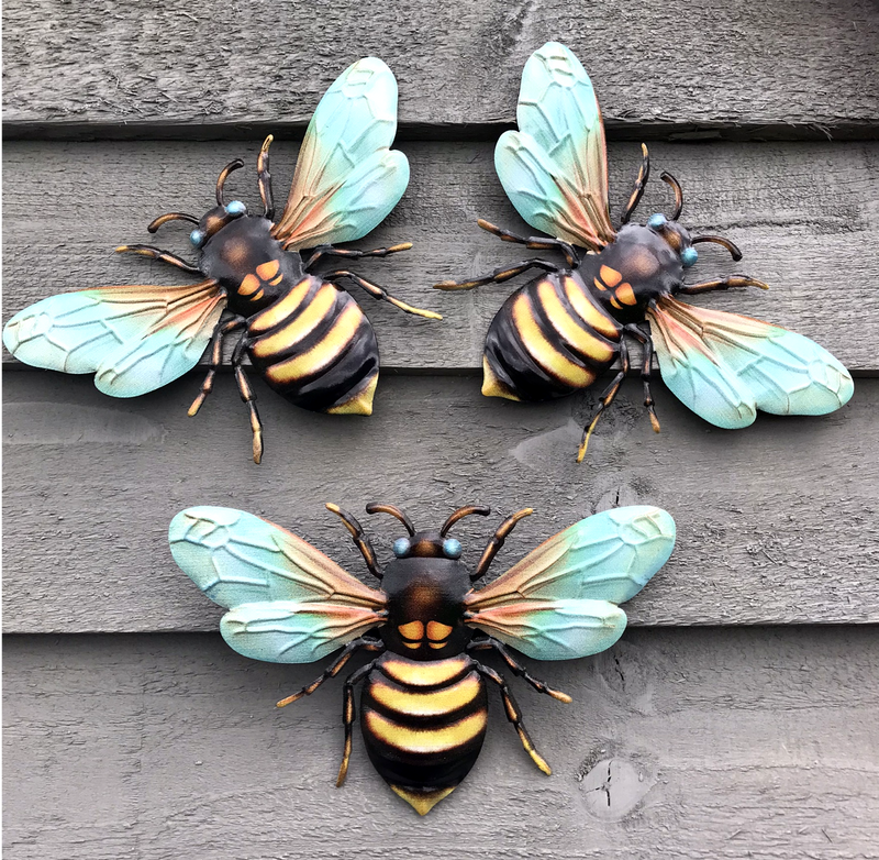 3 x TURQUOISE 18cm Metal Bees, bright colour garden decoration novelty Bee lover gift