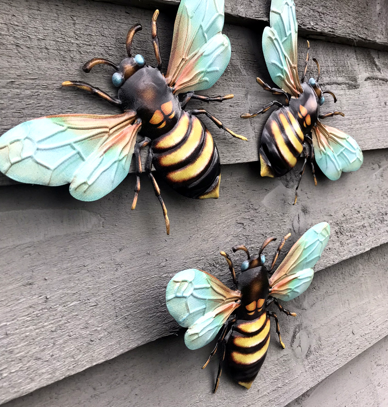 3 x TURQUOISE 18cm Metal Bees, bright colour garden decoration novelty Bee lover gift