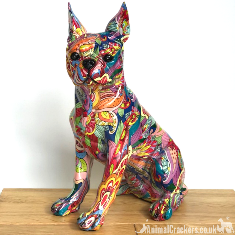FACTORY SECONDS - HALF PRICE!  Large 32cm GROOVY ART colourful Boston Terrier French Bulldog style ornament figurine