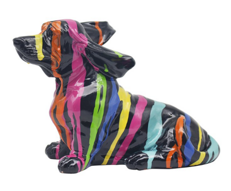 Drip Art Basset Hound sitting figurine, bright coloured glossy finish, gift boxed, 21cm