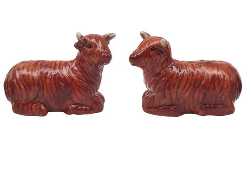 Highland Cow design ceramic Salt & Pepper cruet set by Lesser & Pavey, boxed