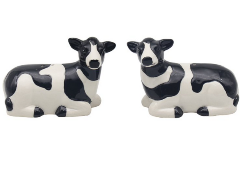 Black & White Cow design ceramic Salt & Pepper cruet set by Lesser & Pavey, boxed