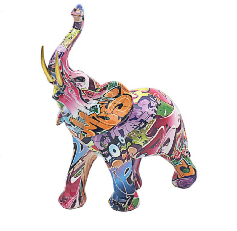 Large Graffiti Street Art Elephant ornament figurine, bright coloured glossy finish, great Elephant lover gift