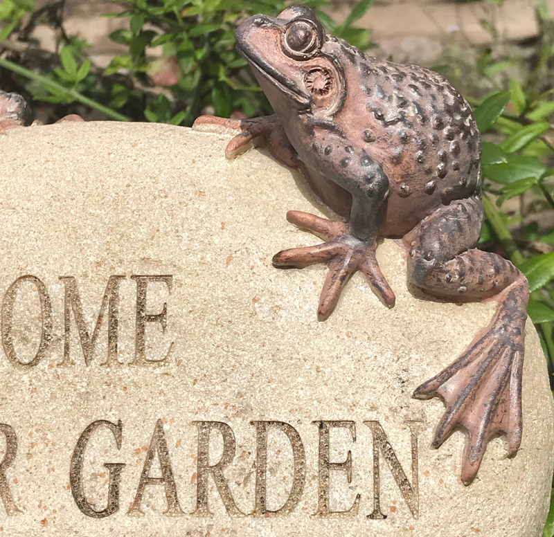 'WELCOME TO OUR GARDEN' stone effect garden or pond ornament, Frog lover gift