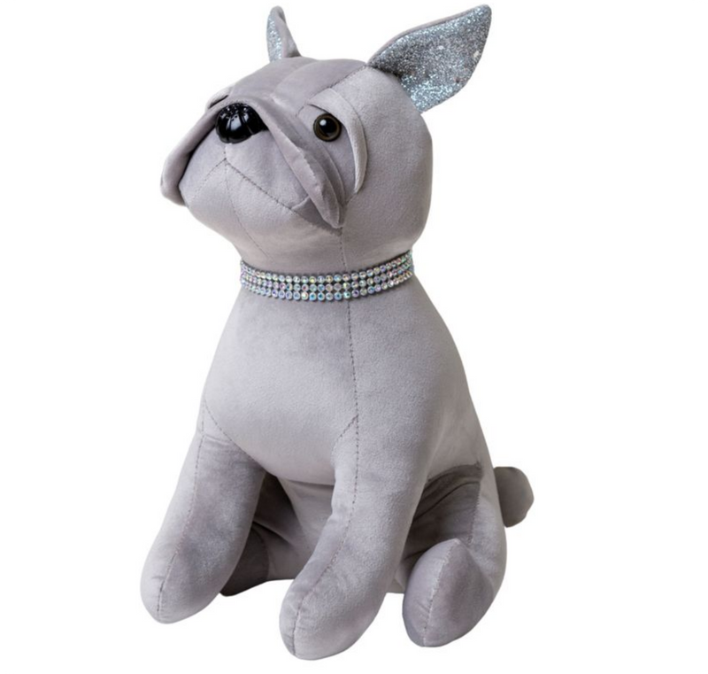 French Bulldog doorstop in Grey faux suede with sparkly diamante collar, heavy & plush, novelty Frenchie lover gift