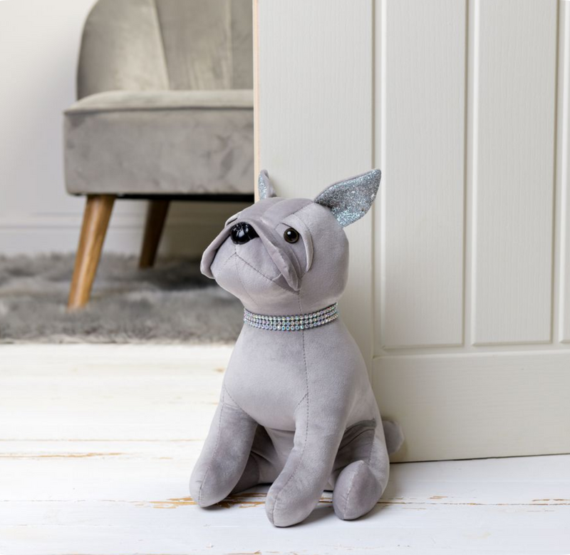 French Bulldog doorstop in Grey faux suede with sparkly diamante collar, heavy & plush, novelty Frenchie lover gift