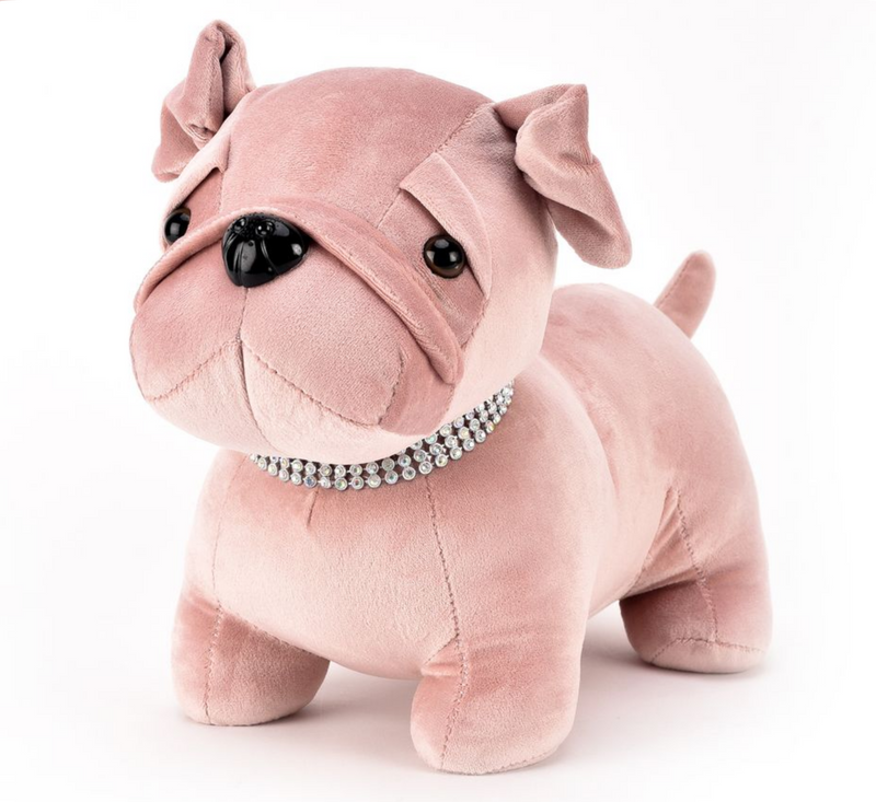 Pug doorstop in Pink faux suede with sparkly diamante collar, heavy & plush, great novelty Dog lover gift