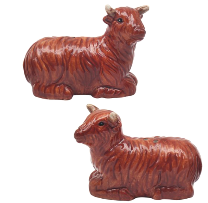 Highland Cow design ceramic Salt & Pepper cruet set by Lesser & Pavey, boxed