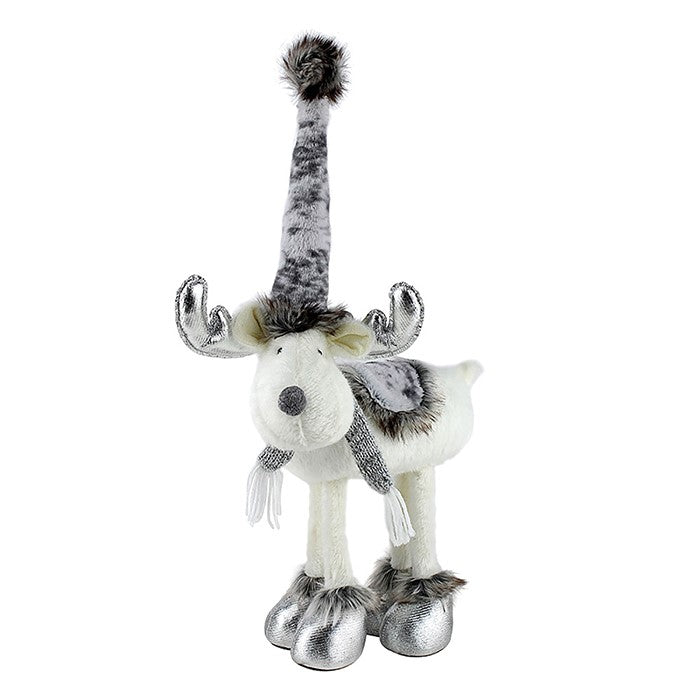 60cm Plush grey white & silver Standing Reindeer festive decoration