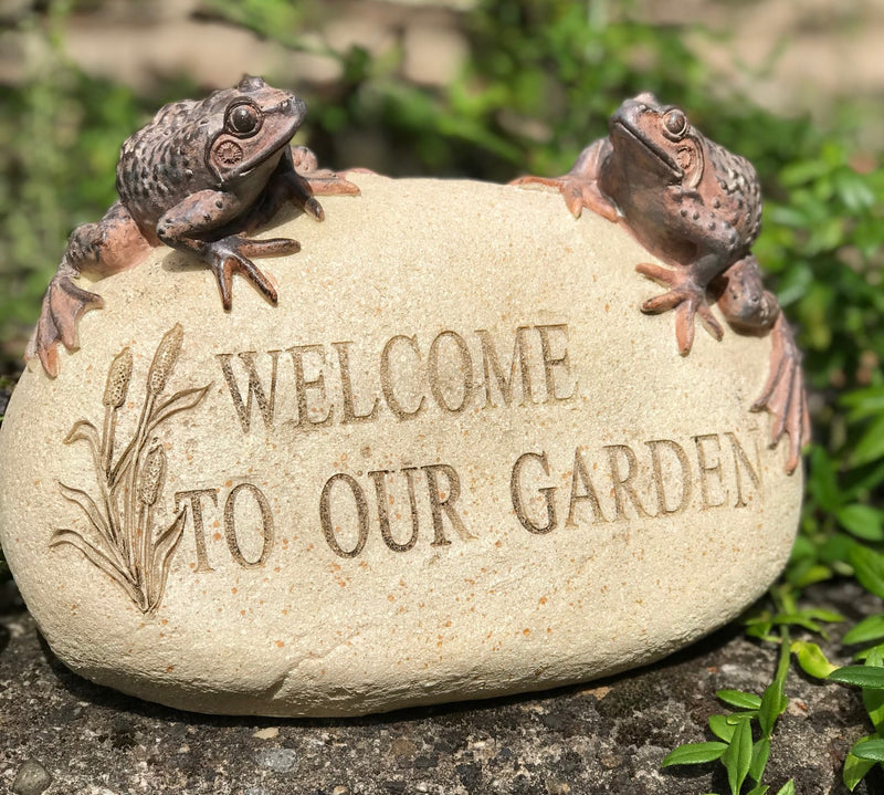 'WELCOME TO OUR GARDEN' stone effect garden or pond ornament, Frog lover gift