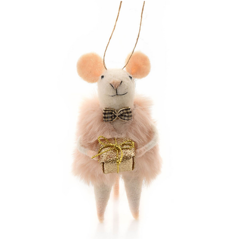 Felt mouse tree decoration, mouse wearing Pink Faux Fur coat holding gold sparkly present, great novelty mouse lover gift