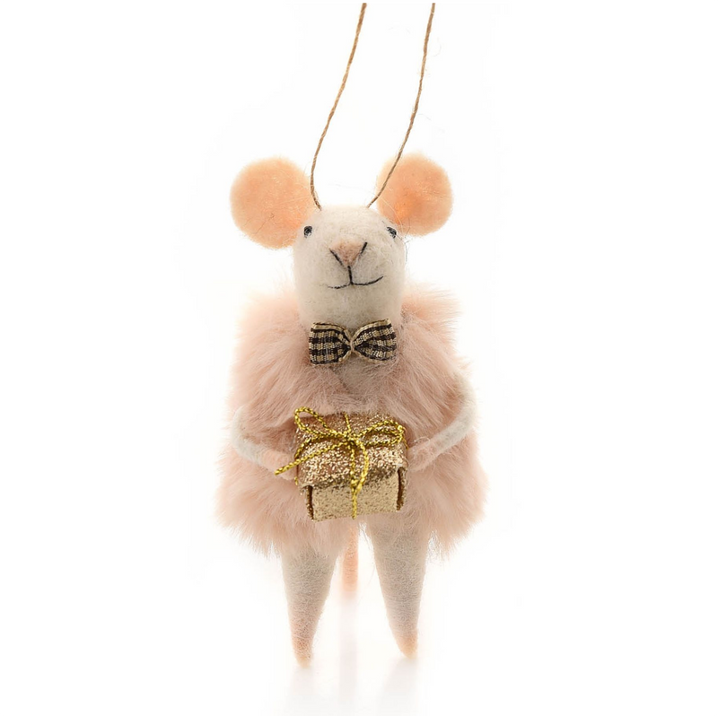 TWO Felt mouse tree decorations, both dressed in Pink Faux Fur, one holding a gift, one carrying a tree, great novelty mouse lover gift