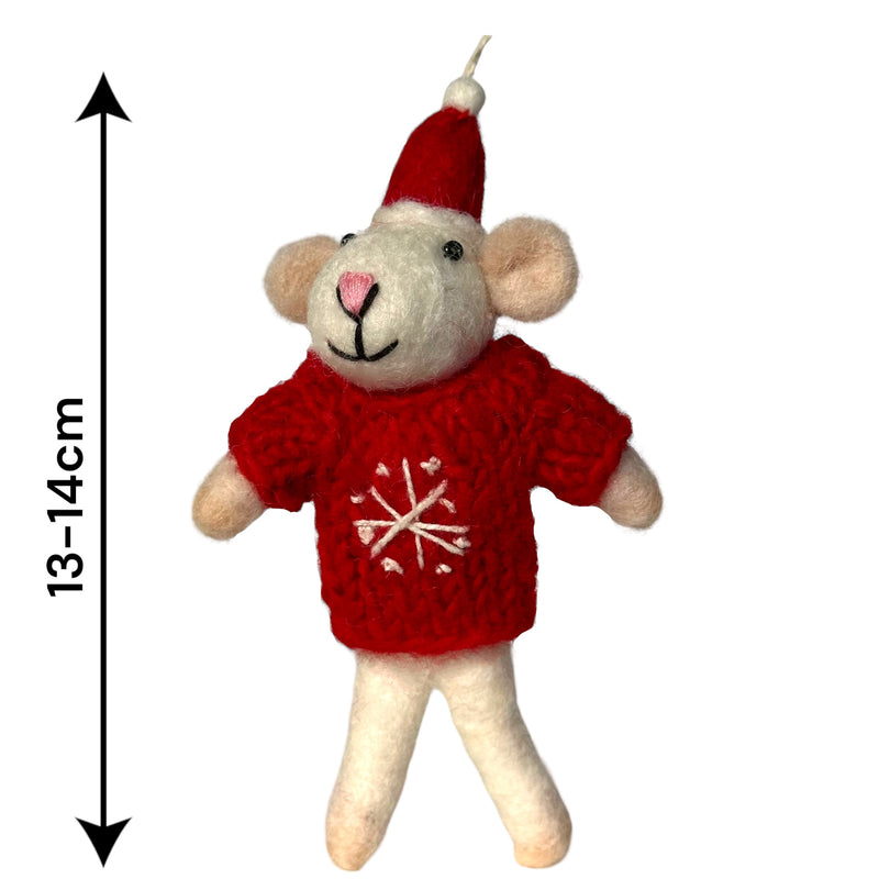 Felt Mouse in Red hand knitted & embroidered Snowflake jumper hanging Christmas tree decoration