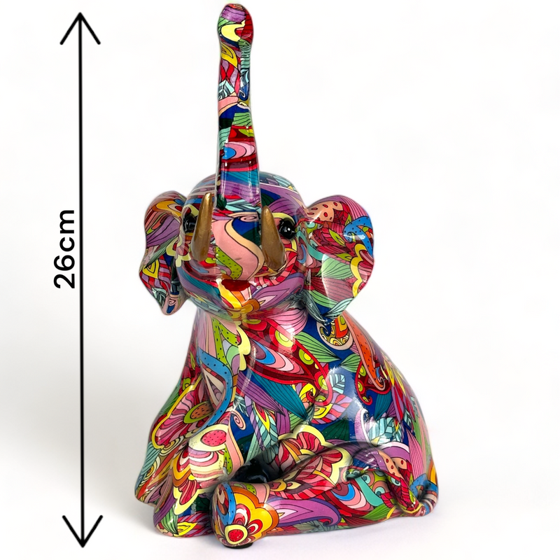 GROOVY ART bright coloured sitting Elephant ornament figurine, safari animal lover gift, 26cm