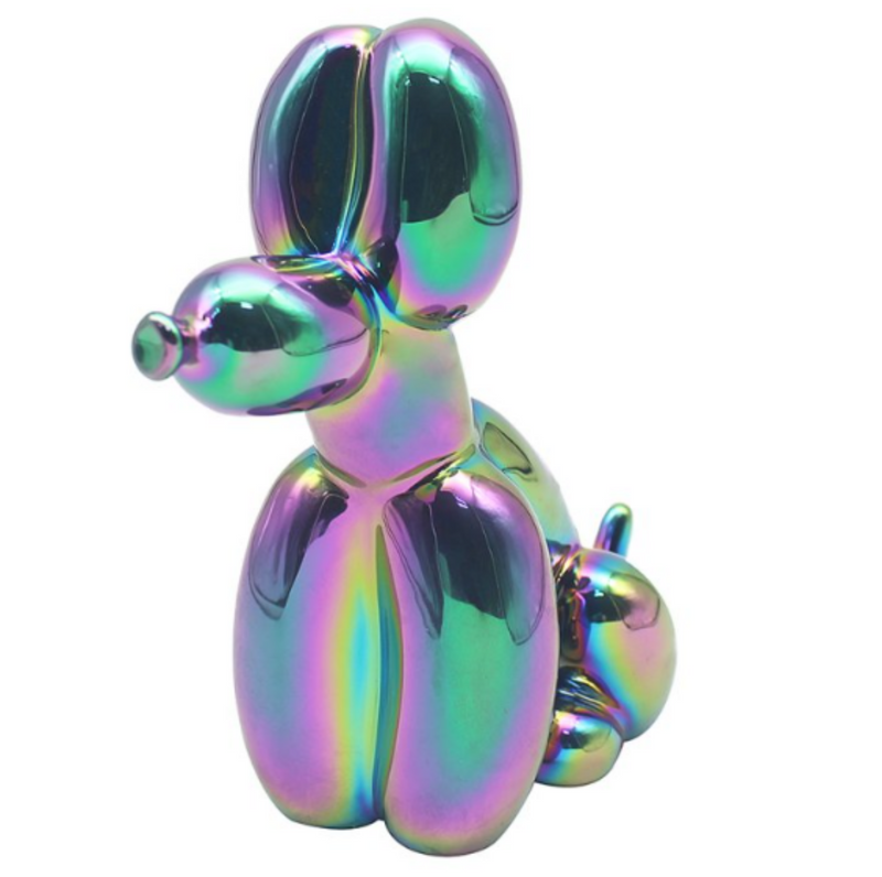 Sitting Balloon Dog figurine, shiny iridescent finish on trend home decoration