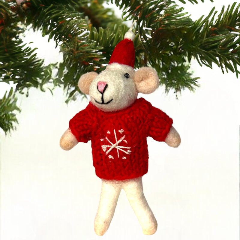 Felt Mouse in Red hand knitted & embroidered Snowflake jumper hanging Christmas tree decoration