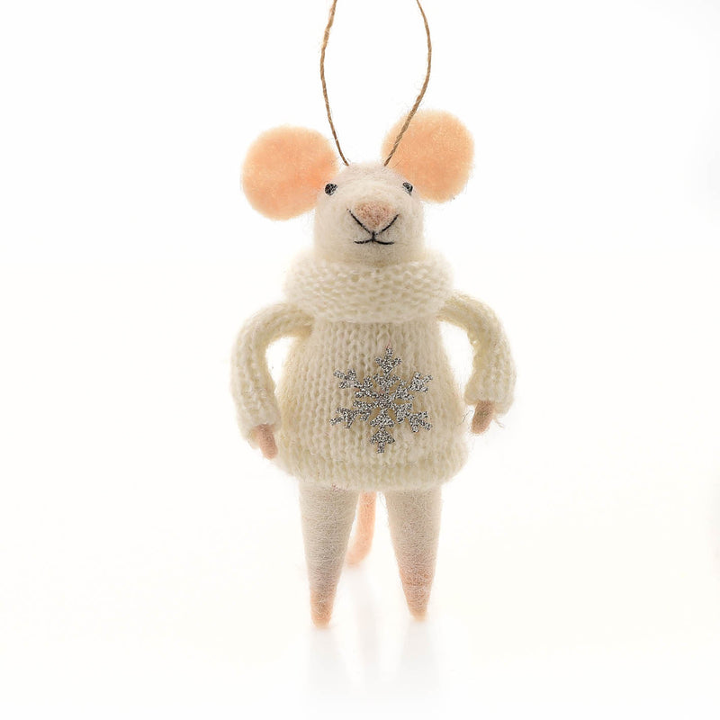 Felt Mouse Tree Decoration, mouse in Silver Snowflake Jumper